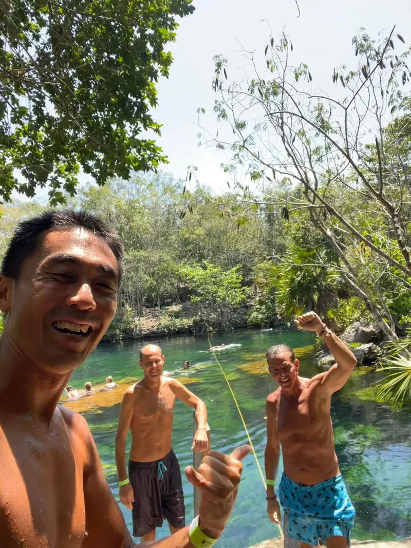 David Key with two friends at Cenote Eden near Playa del Carmen, Mexico